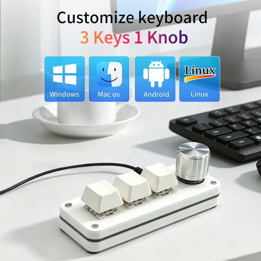 Mini Teclado Programável Macro RGB com 3 Teclas e 1 Botão Rotativo para Photoshop, Jogos, Música e Mídia, Teclado Mecânico Mini Hotswap com Fio