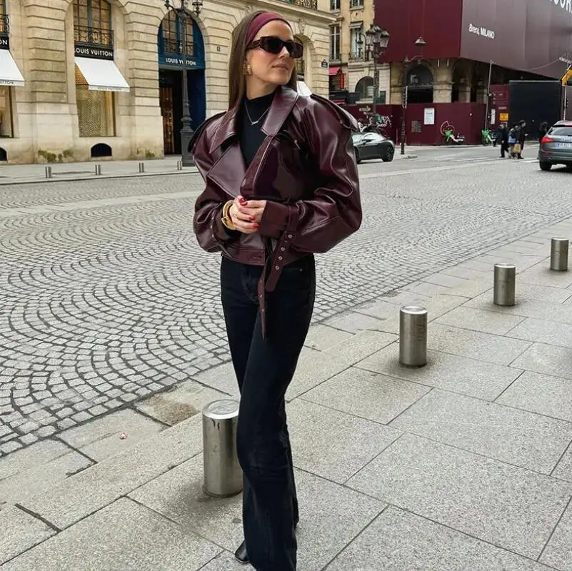 Elegant Wine Red Cropped Leather Jacket Women Fashion Turn-down Collared Long Sleeve Coat 2024 Autumn Streetwear Outfit p1316