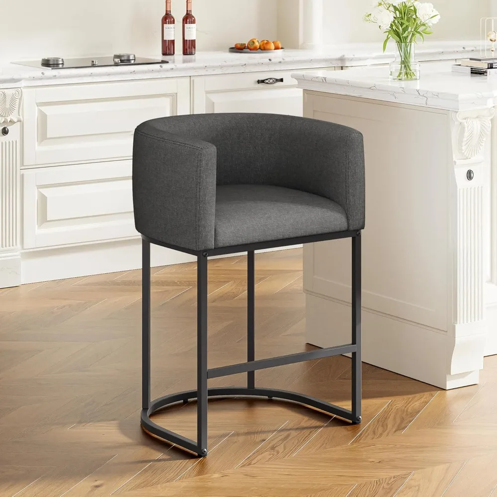 

Counter Height Bar Stools, Modern Barrel Counter Stools with Backrest and Arms, Linen Fabric Upholstered Accent Barstools.