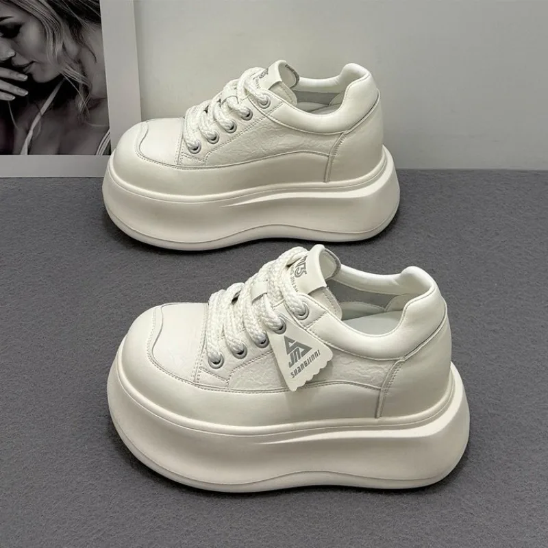 Super High Platform White Sneakers, Lace Up Round Toe Hidden Wedge Skate Shoes,Minimalist Thick Sole Elevator Casual Board Shoes