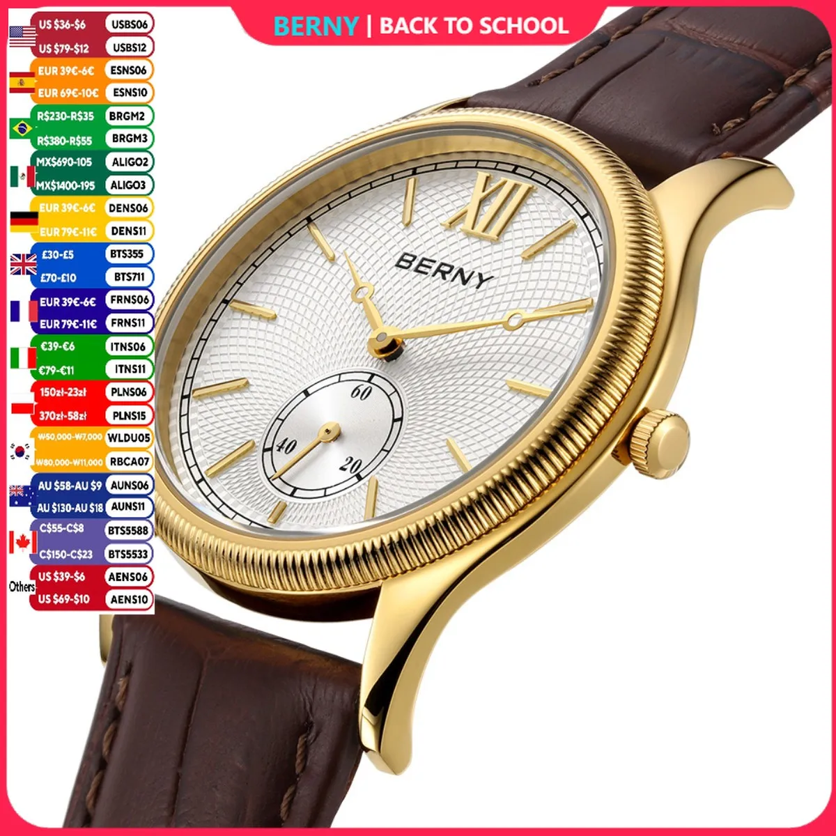 BERNY Luxus-Herrenuhr, schmal, klassisch, elegant, goldfarben, Quarzuhren für Herren, Lederarmband, modische Business-Armbanduhr