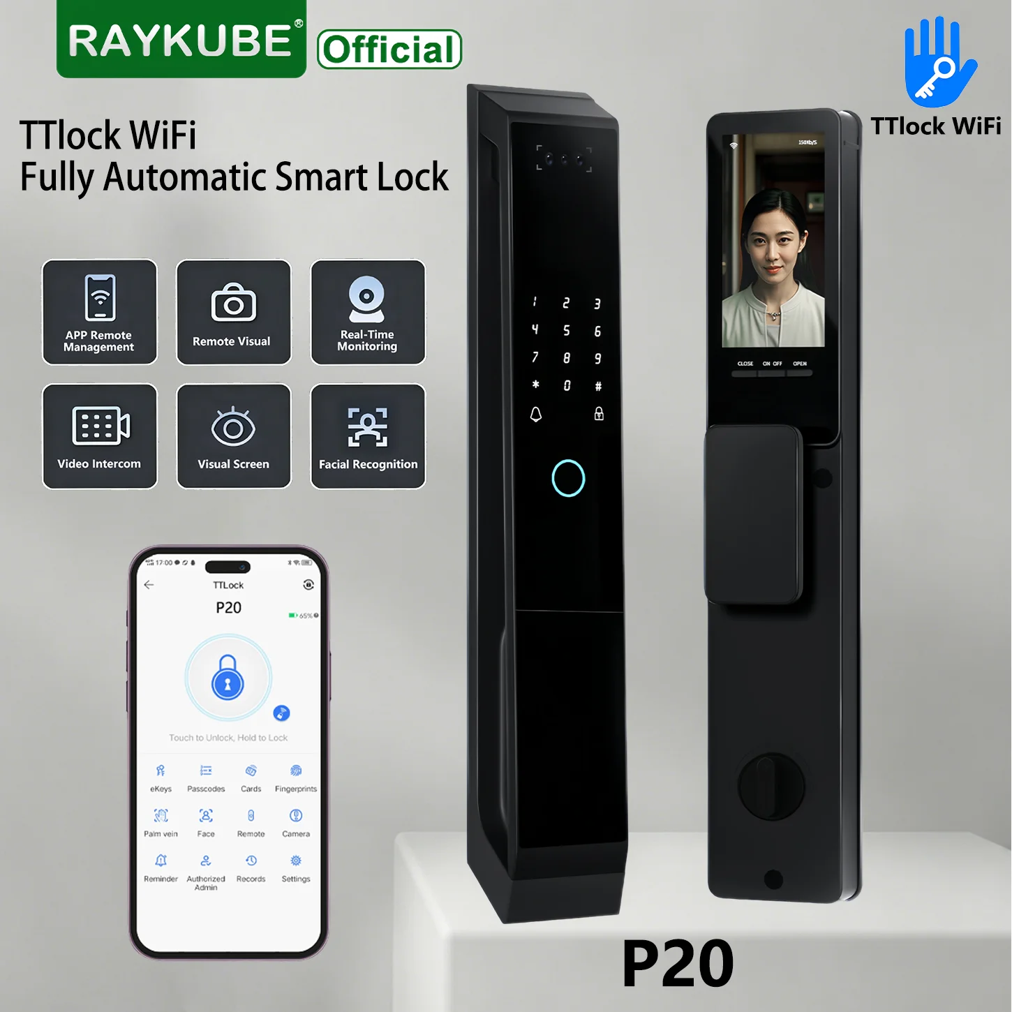 RAYKUBE TTlock WiFi Auto Smart Door Lock,3D Face Palm Vein Recognition,Video Intercom,APP Remote Unlock Home Security P20