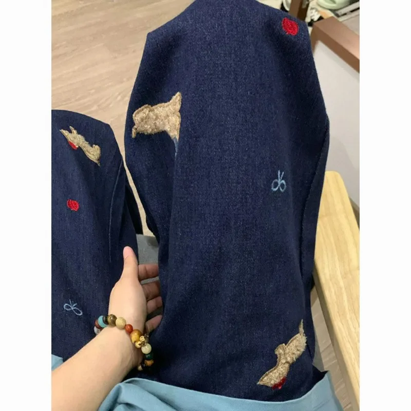 Vintage Cartoon Embroidered Jeans Women Autumn Winter Fashion Office Lady High Waist Wide Leg Casual All-match Trend Straight