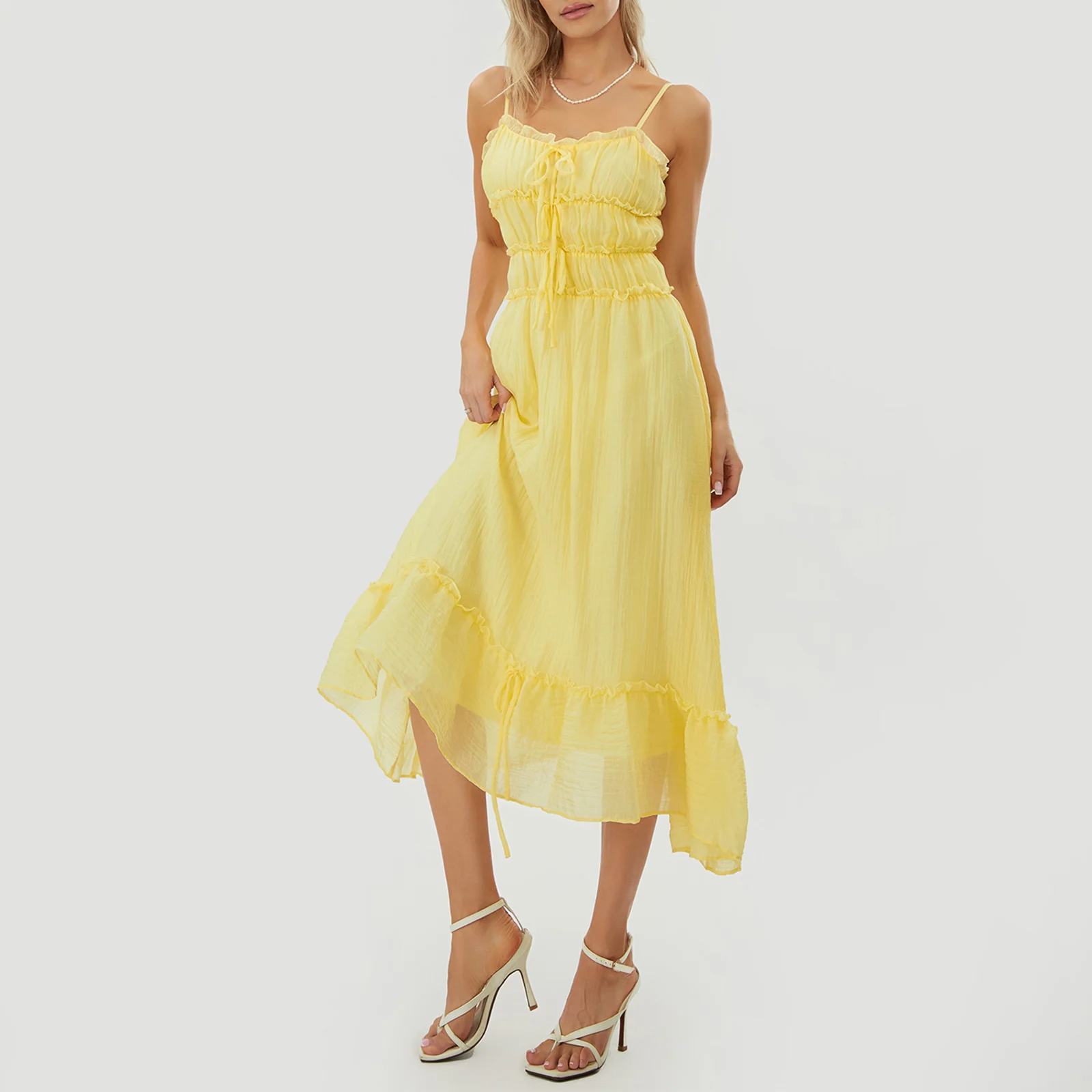 2025 ผู้หญิงชุด Cami Contrast Trim Tie-Up สปาเก็ตตี้ชุด Patchwork ฤดูร้อนสบายๆชุดยาวเปลือย