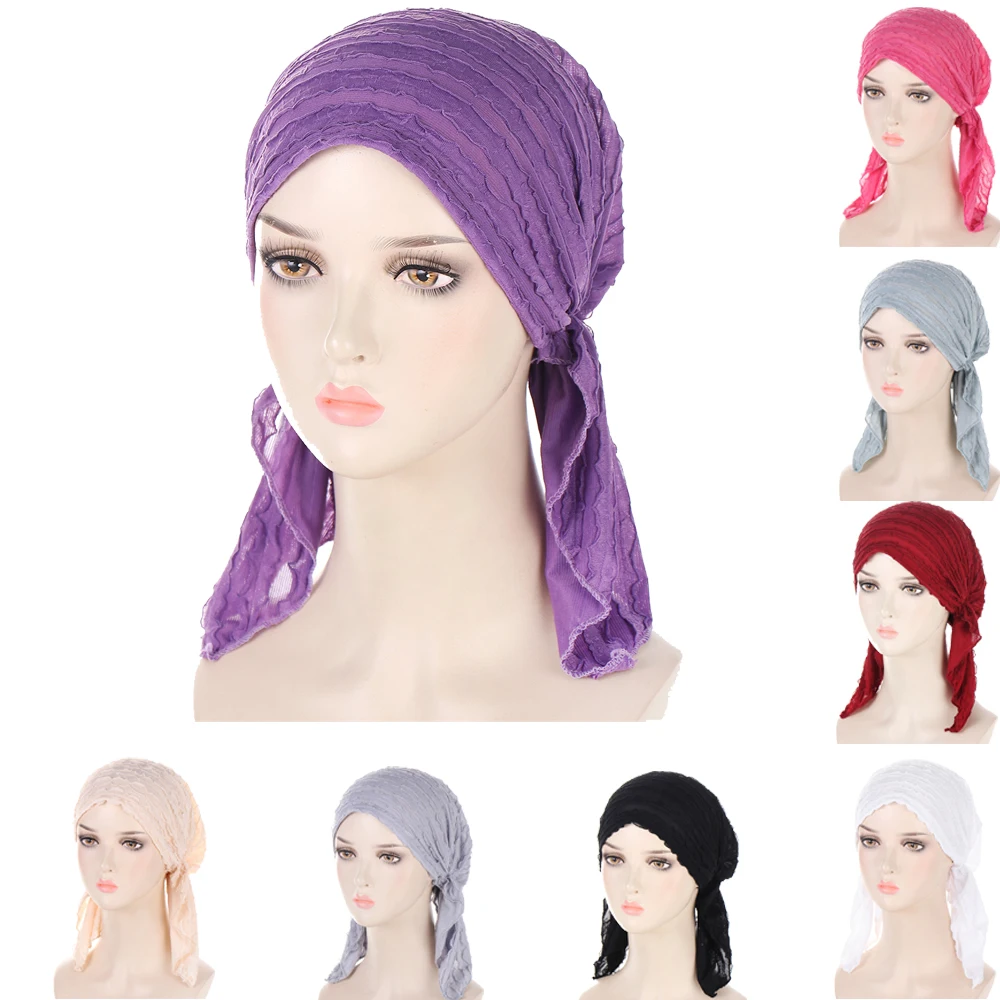 New Women Pre-Tied Turban Beanies Skullies Arab Hat Headwrap Turban Bonnet Headwear Headscarf Hijab Muslim Chemo Cap Hair Loss