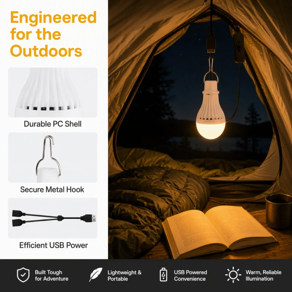 2 Pack Durable USB Powered LED Camping Lantern Simple Switch Y-Cable Tent Light Bulb Portable LED Bulb Car Interior