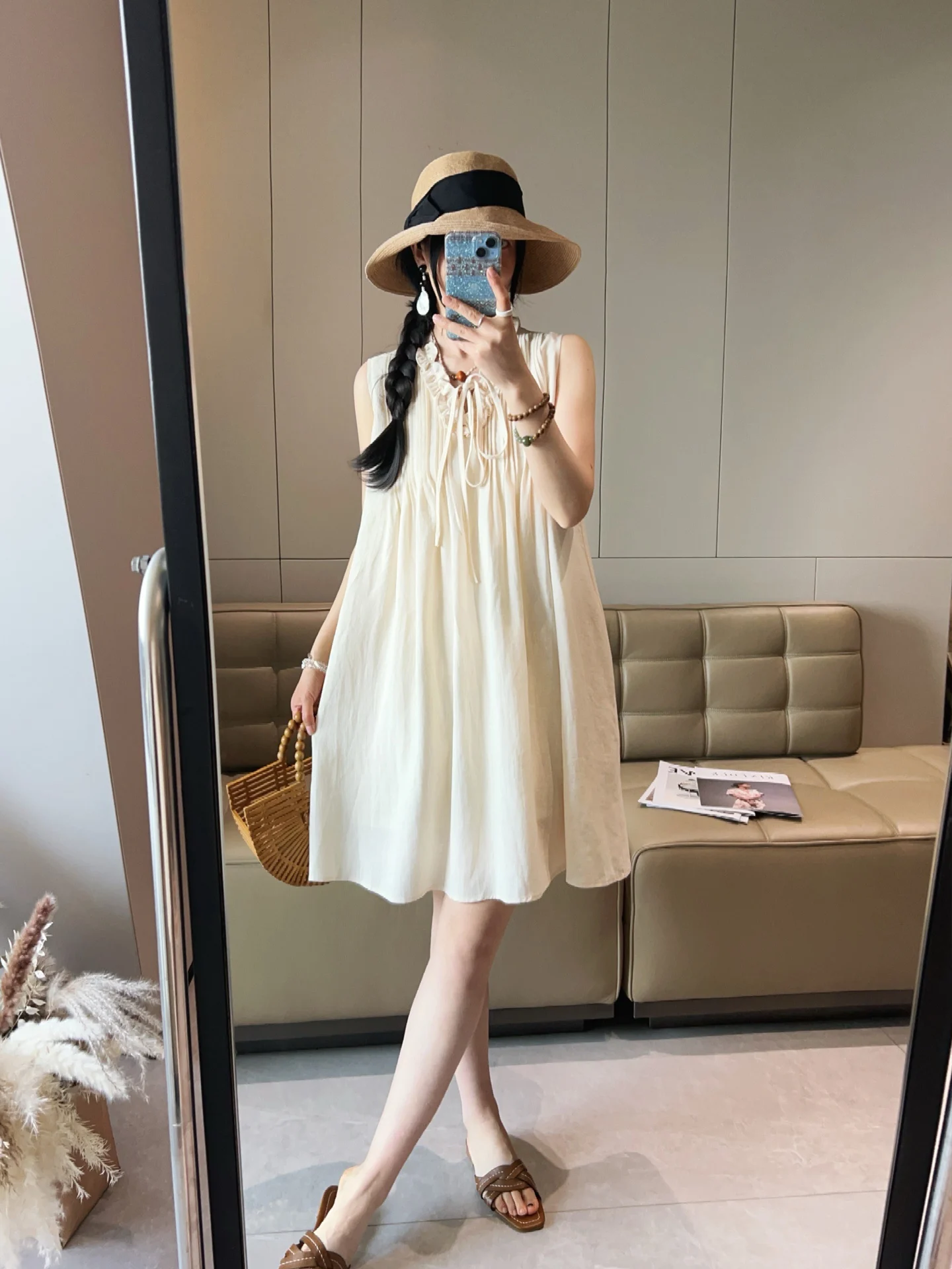 

Французское летнее женское платье миди без рукавов с плиссировкой, свободного кроя, из льна, маленький размер, большие размеры