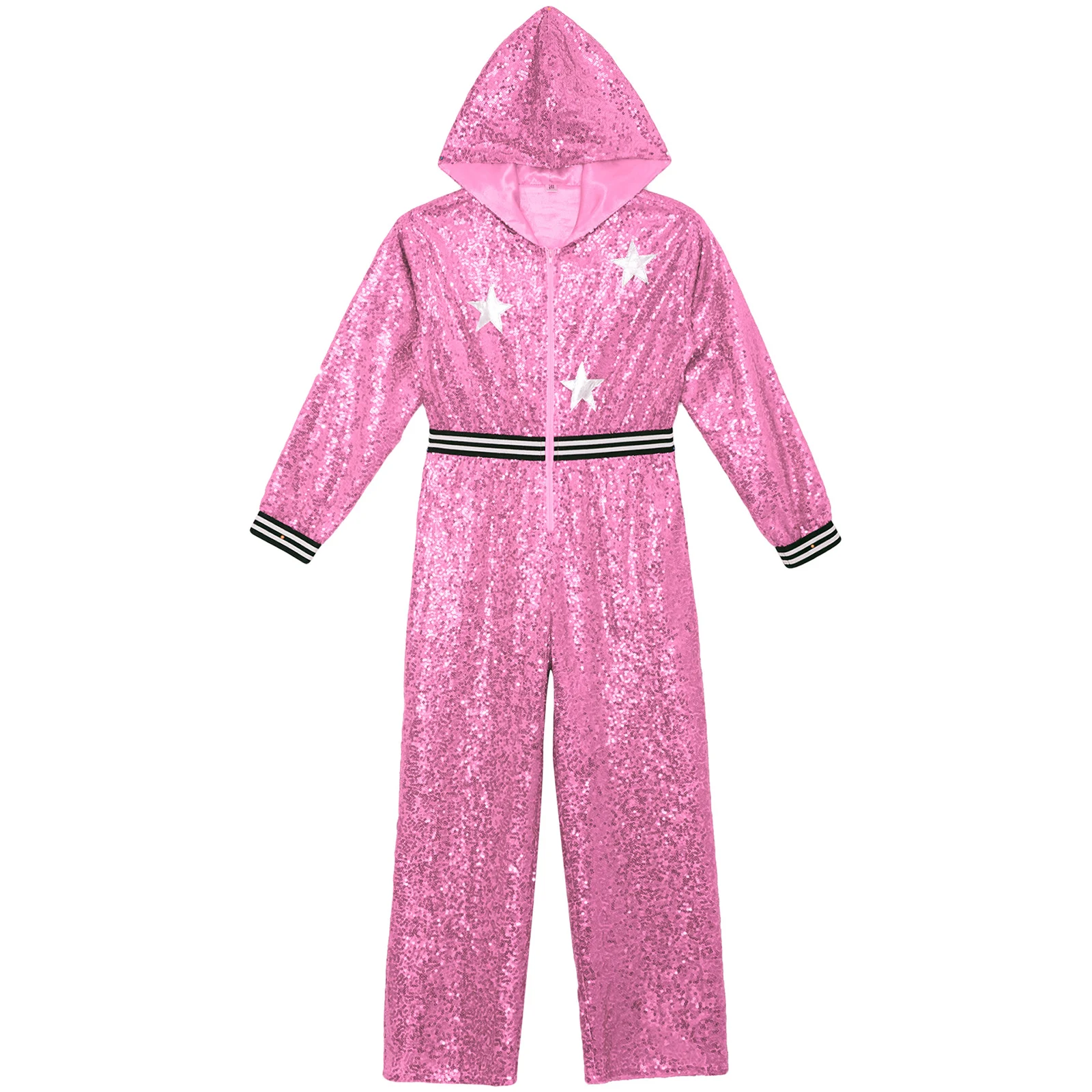 Kids Girls Hip Hop Jazz Dance Jumpsuit 90s Theme Party Costume Long Sleeve Metallic Star Sequin Hooded Bodysuit Street Dancewear