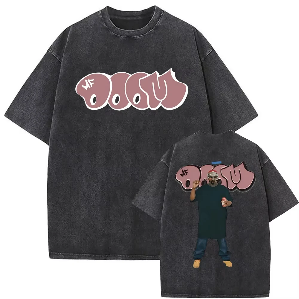 

2025 Street style casual T-shirt men's and women's hip-hop fashion short sleeve washed vintage rapper Mf Doom MM FOOD pattern