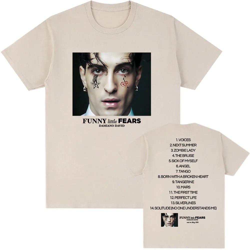 

Футболка FUNNY Little FEARS Album 2025 Damiano David Singer с принтом, хлопковая мужская летняя футболка с круглым вырезом, уличная одежда унисекс