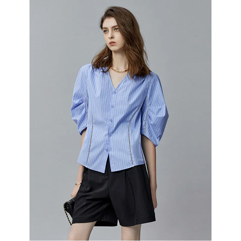 

Ele Bubble Sve irt V-Ne Свободный универсальный ort Sve Summer Thin для поездок на работу Антивозрастной дизайн Sense Top Женская мода