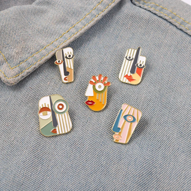 Abstract Face Enamel Pins Modern Geometric Portrait Art Metal Brooches Animal Badges Pins up Gift for Men Women Accessories