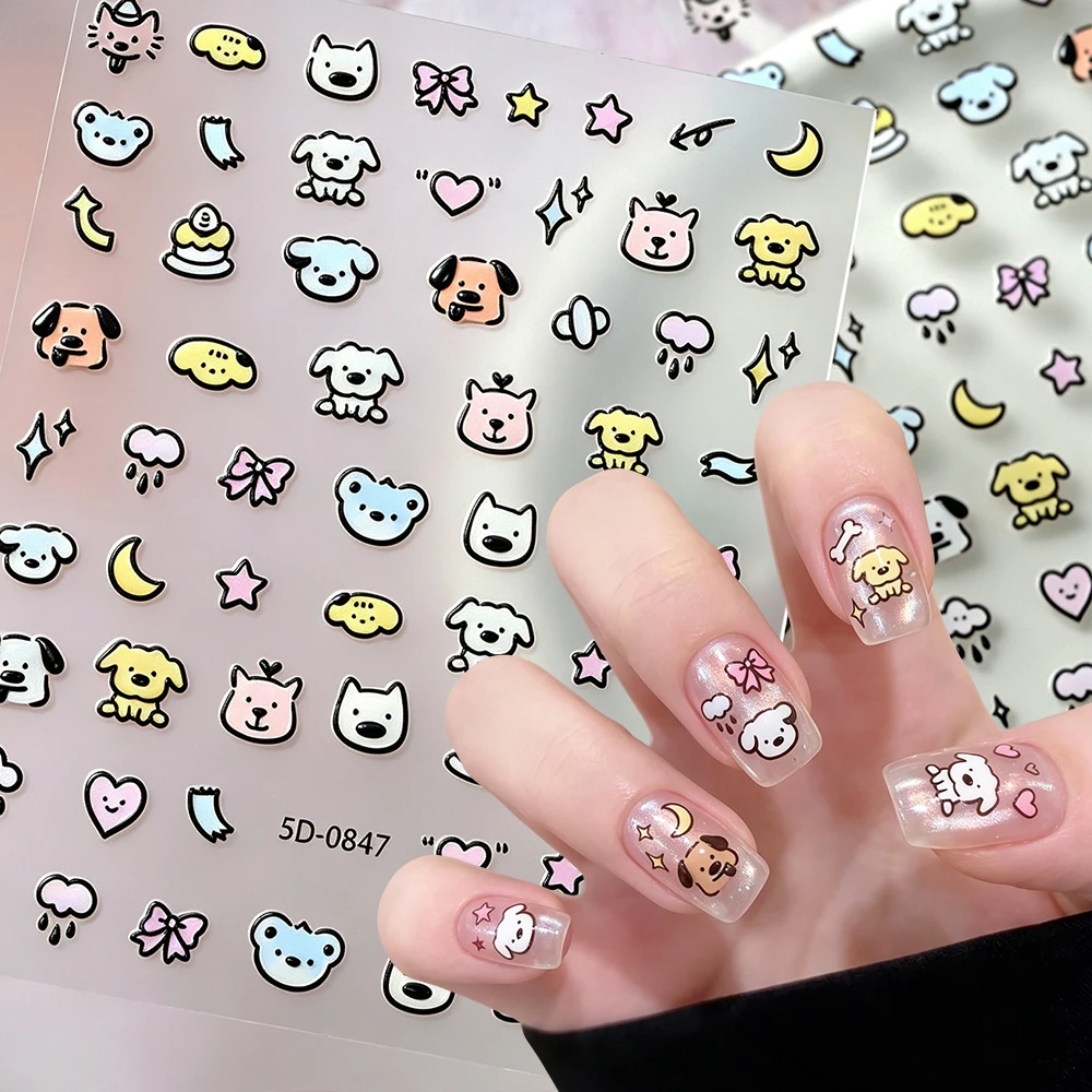 1Pcs 5D Kawaii Embossed Cute Line Puppy Nail Stickers Cute Cartoon Dog Bear Bow Heart Star Nail Decals DIY Sweet Manicure Decor﻿