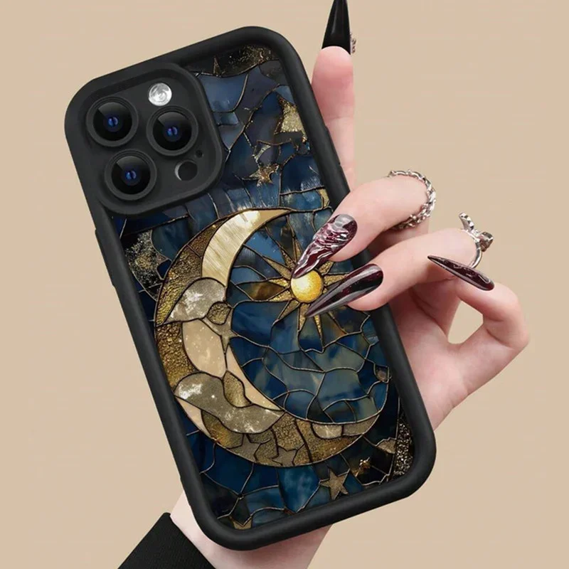 Aesthetic Glass Printed Sun & Moon Silicone Phone Case for IPhone 11 12 13 14 15 16 Pro Max XS X XR 7 8 Plus SE 2 2022 16e Cover
