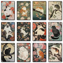 Japanese Ukiyo-e Floral Cats Vintage Posters and Prints Canvas Painting Retro Cat Wall Art Picture for Living Room Home Decor