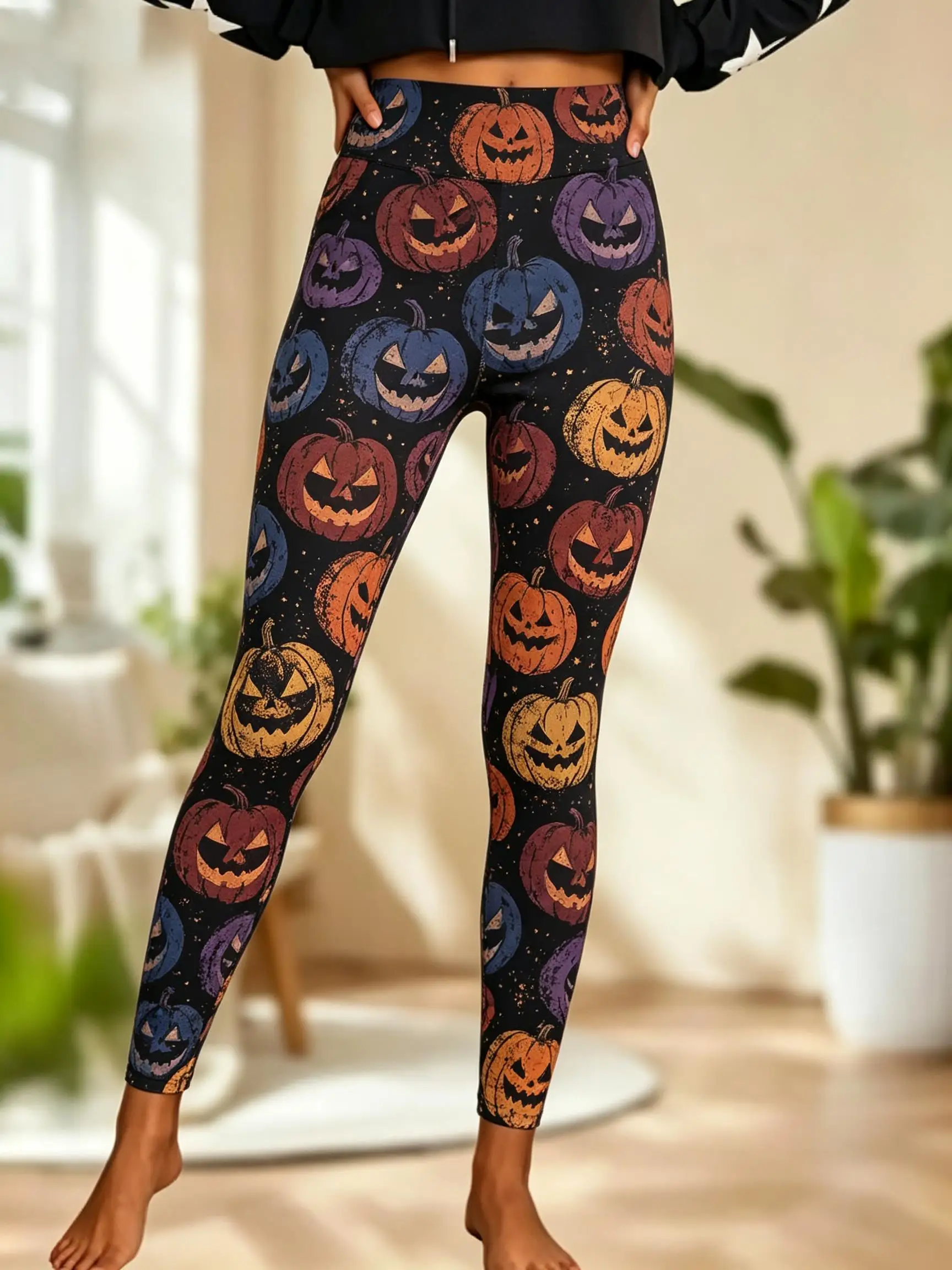Women Fleece‑lined Mid‑rise Leggings Neon Glowing Jack‑o'‑lantern Pumpkin Print Slim Stretch Halloween Casual Pants