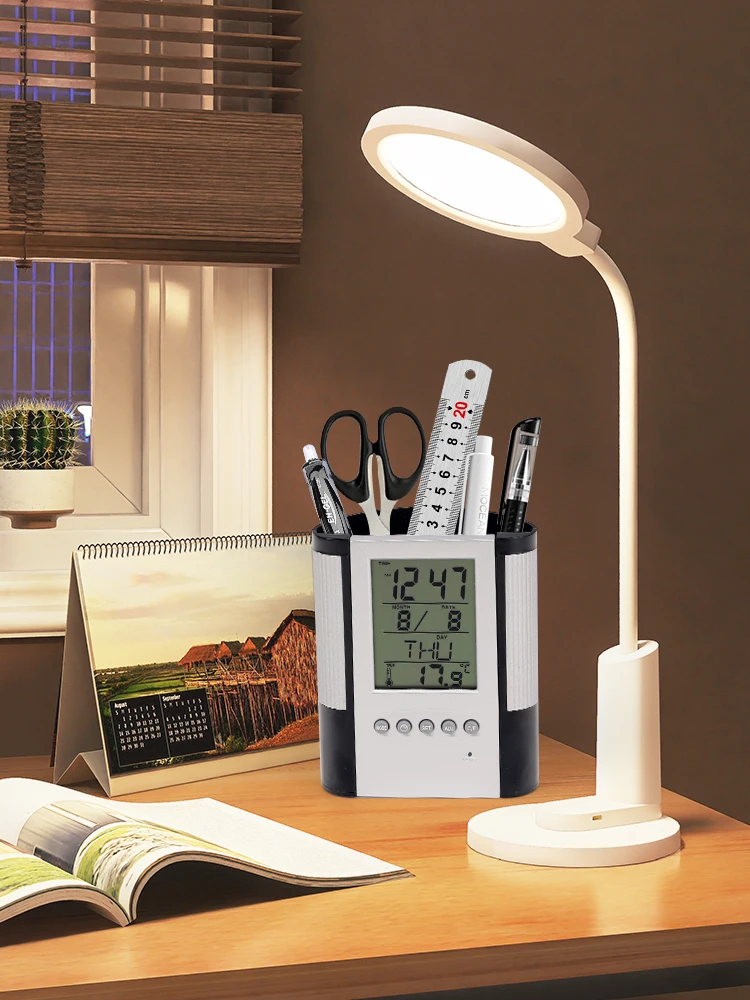 Perpetual Calendar Pen Holder Anti Slip Base Date Time Display Temperature Detection Desktop Storage Decorative Clock Pen Holder