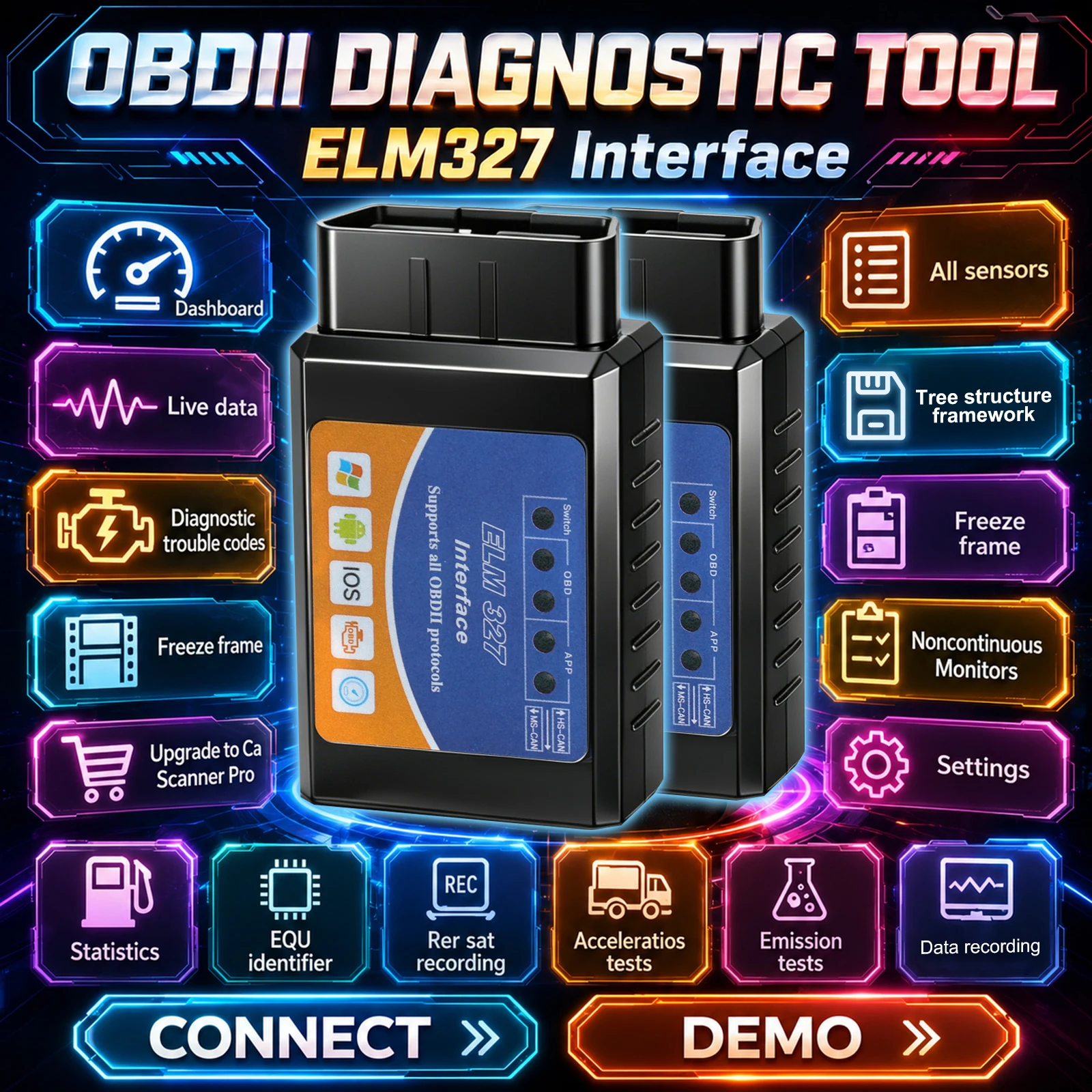 ELM327 Auto-Diagnosescanner OBD2 Auto-Scanner mit Funktion zur Behebung der Motorwarnleuchte, Live-Datenbank und Fehlercode-Reset