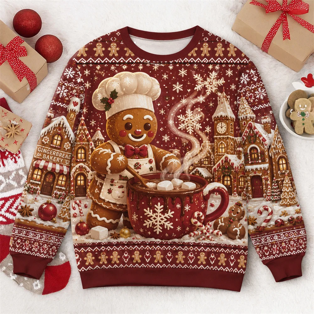 Humorvoller 3D-Druck Lebkuchenmann Weihnachts-Pulli für Männer und Frauen, Weihnachtsgeschenke für Backbegeisterte, Pullover-Sweatshirt – Detail 7