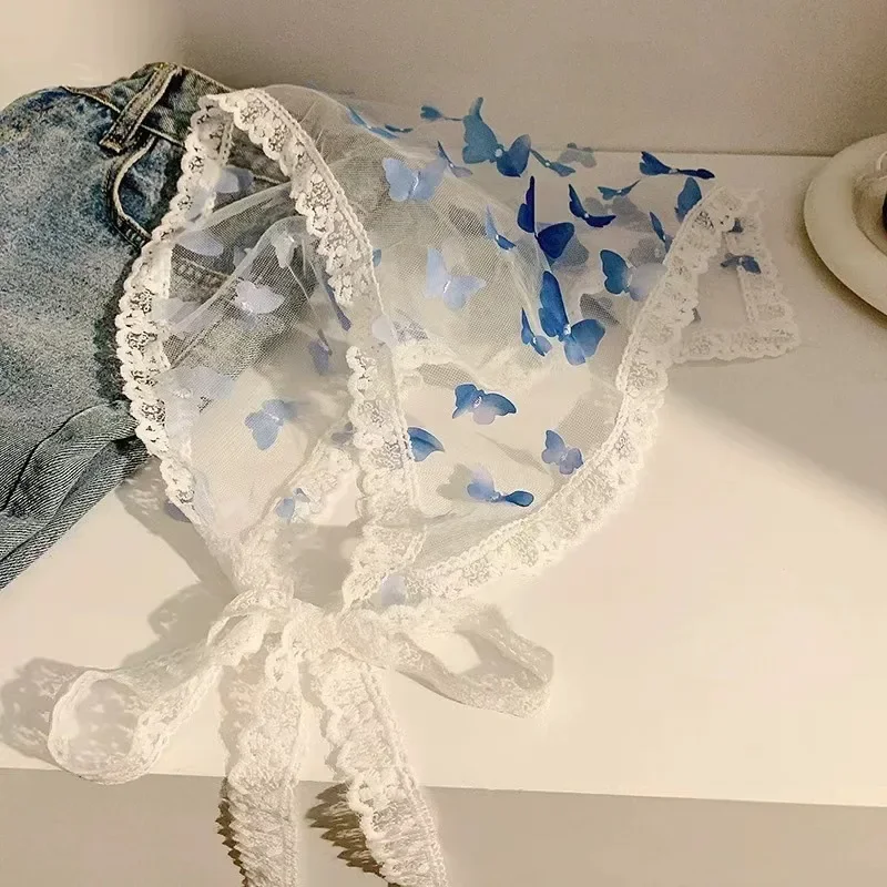 Lace Flower Elegant Temperament Female Butterfly White Sweet Triangle Scarf Thin Breathable Ribbon Artistic Style Travel Photo