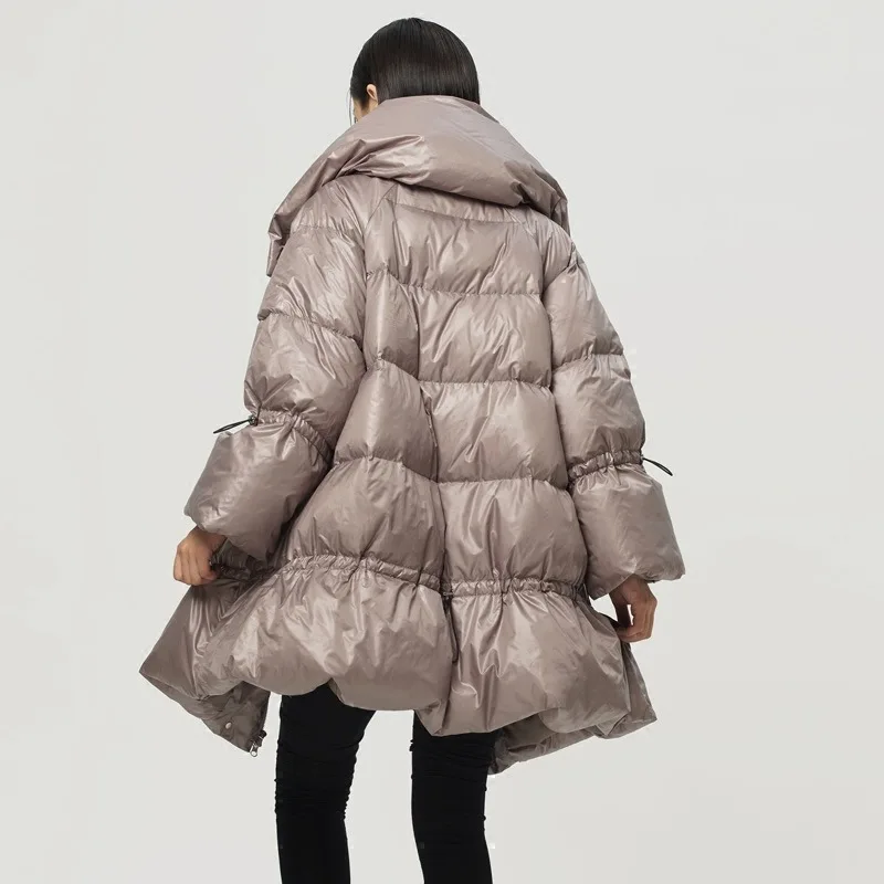Women's Autumn/Winter Down Jacket White Duck Down A-line Stand-up Collar Medium Length Waist-cinched Plus Thicken Warm Versatile
