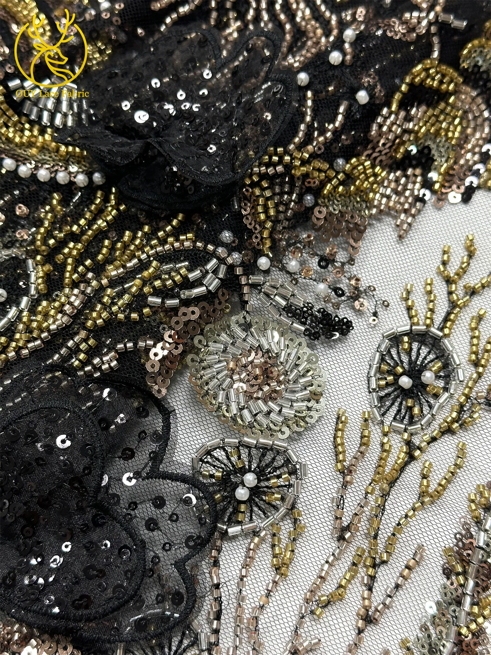 Luxus Schwarz 3D Schmetterling Blumen Stickerei Kleid Spitze Stoff Afrikanische Gold Perlen Pailletten Tüll Spitze Stoff Party Kleider – Detail 10