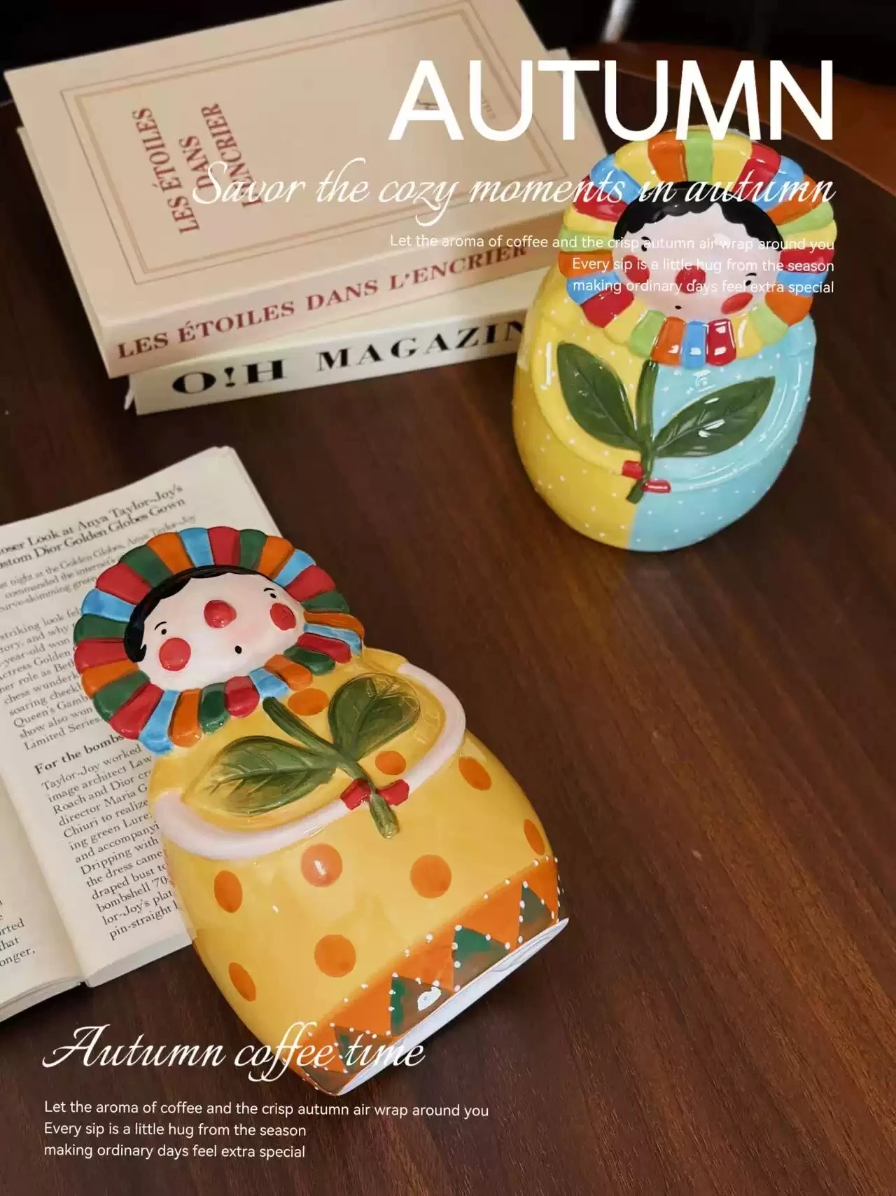 Hand Painted Ceramic Clown Sunflower Storage Jar Matryoshka Doll Decorative Canister Desktop Home Ornament Decor Gift