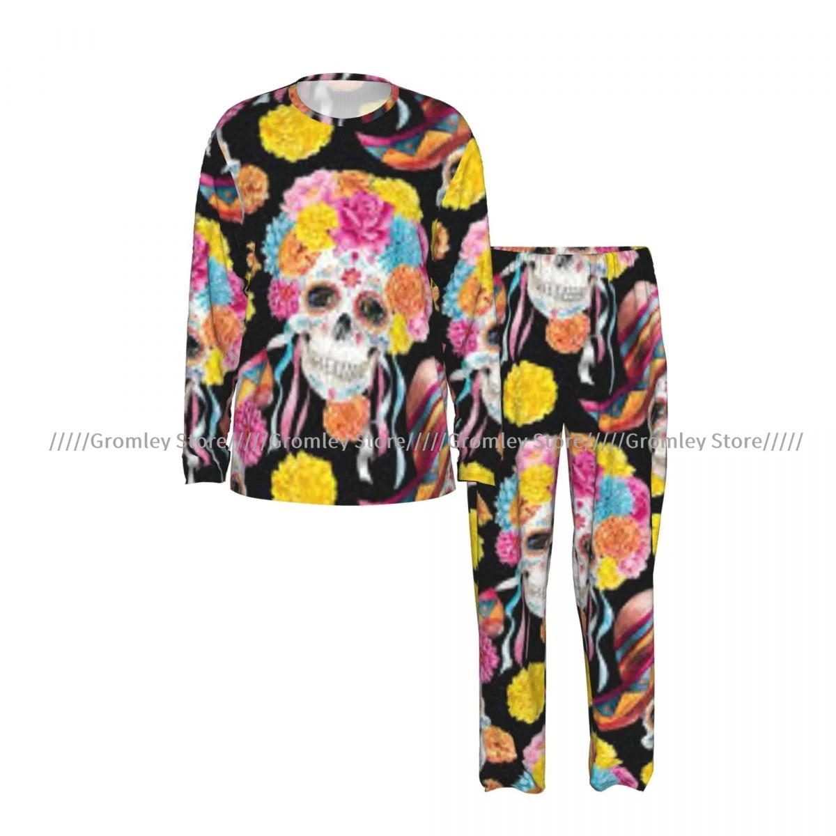 Colorful Sugar Skulls Men's Pajama Set Long Sleeve T-Shirt and Long Pants Sleepwear Male Nightwear Home Suit