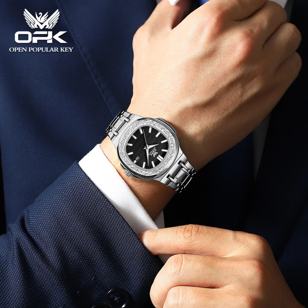 OPK brand luminous waterproof carved case single calendar men's quartz watch 8145