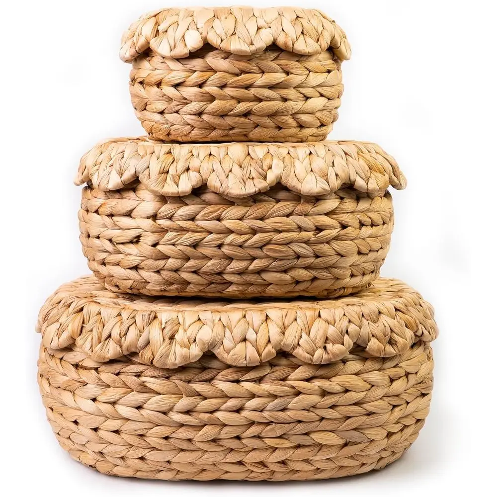 

Natural Woven Rattan Storage Baskets Set of 3 with Lids - Decorative Scalloped Edge Hyacinth Organizers