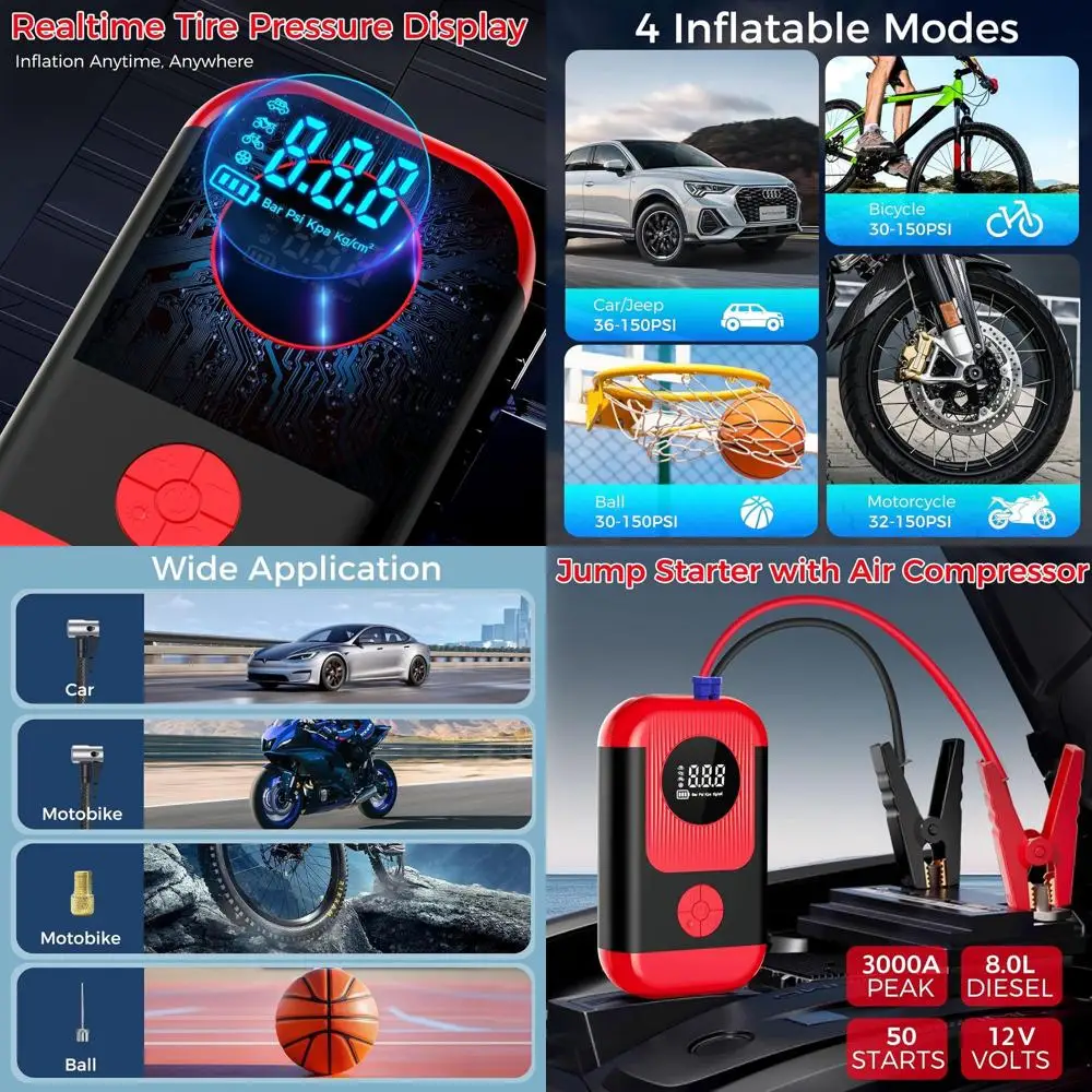 

Jump Starter with Air Compressor,5000A Portable Car Battery Booster (10 Gas/8L Diesel) with 150PSI Tire Inflator,12V Car Battery