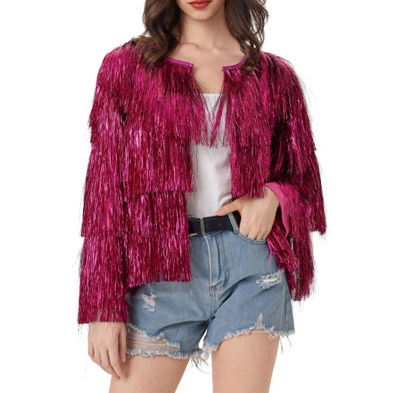 Women'S Tinsel Jacket Loose Fit Sequins Fringe Coat Carnival Women Hip Hop Open Front Club Wear Coat Women Party Outerwear