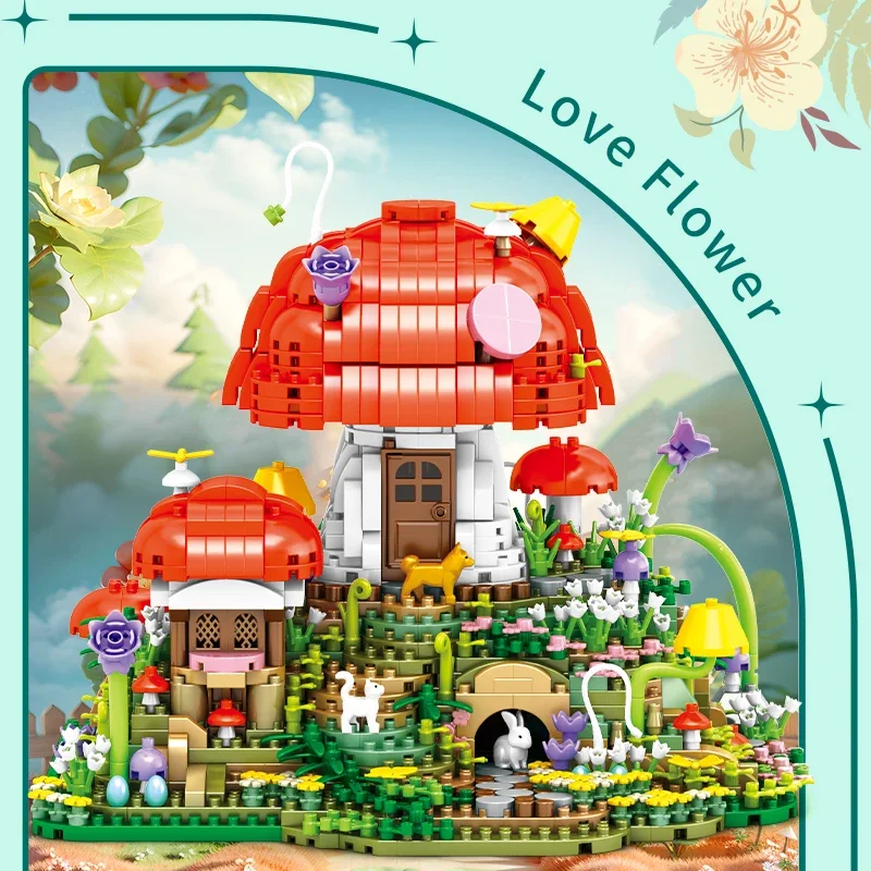 Forest Mushroom Cottage Building Blocks Set Creative Construction Toy Birthday Gift for Boys Girls Kids Family Fun Activity