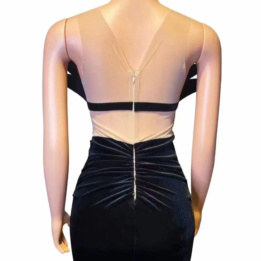 Hot Diamond Seksowna aksamitna sukienka bez rękawów z siatki Strój piosenkarza Impreza Wysokiej klasy sukienka na występy Sukienki zdobione kryształami