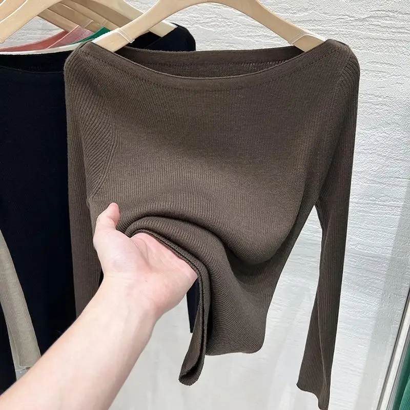 A Line Collar Long Sleeve Temperament Solid Color Women Vintage Basic Tops Casual Pullover Korean Chic Ins Jumpers Elegant Tee