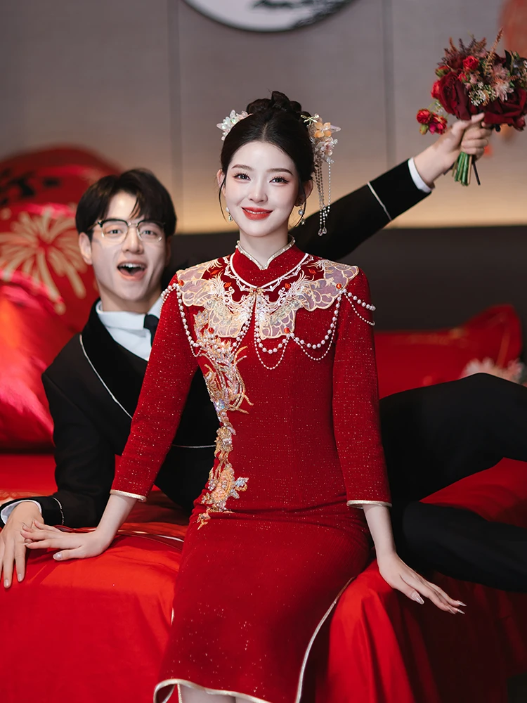 

Red Wedding Dr Embroidered ort Sve Vintage Sle Chinese New Bride Costume Evening Gown for Marriage Ceremony