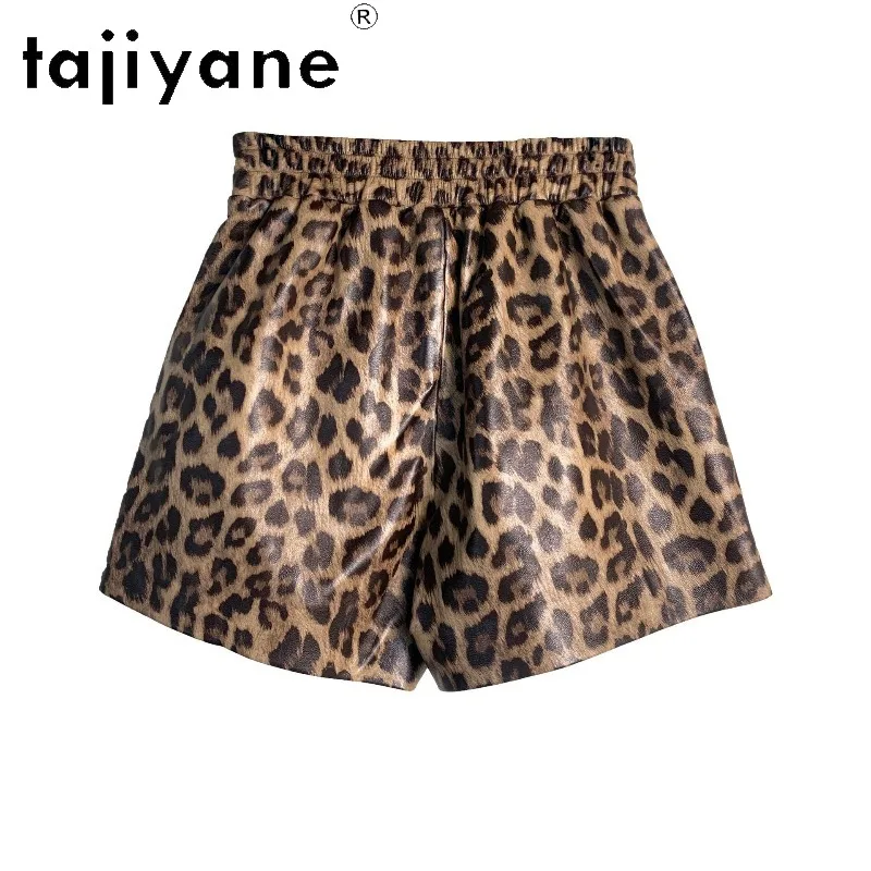 TAJIYANE Leopard Women's Shorts Geunine Sheepskin Leather Shorts Elastic Waist Casual Shorts for Woman Clothing Streetwear 반바지