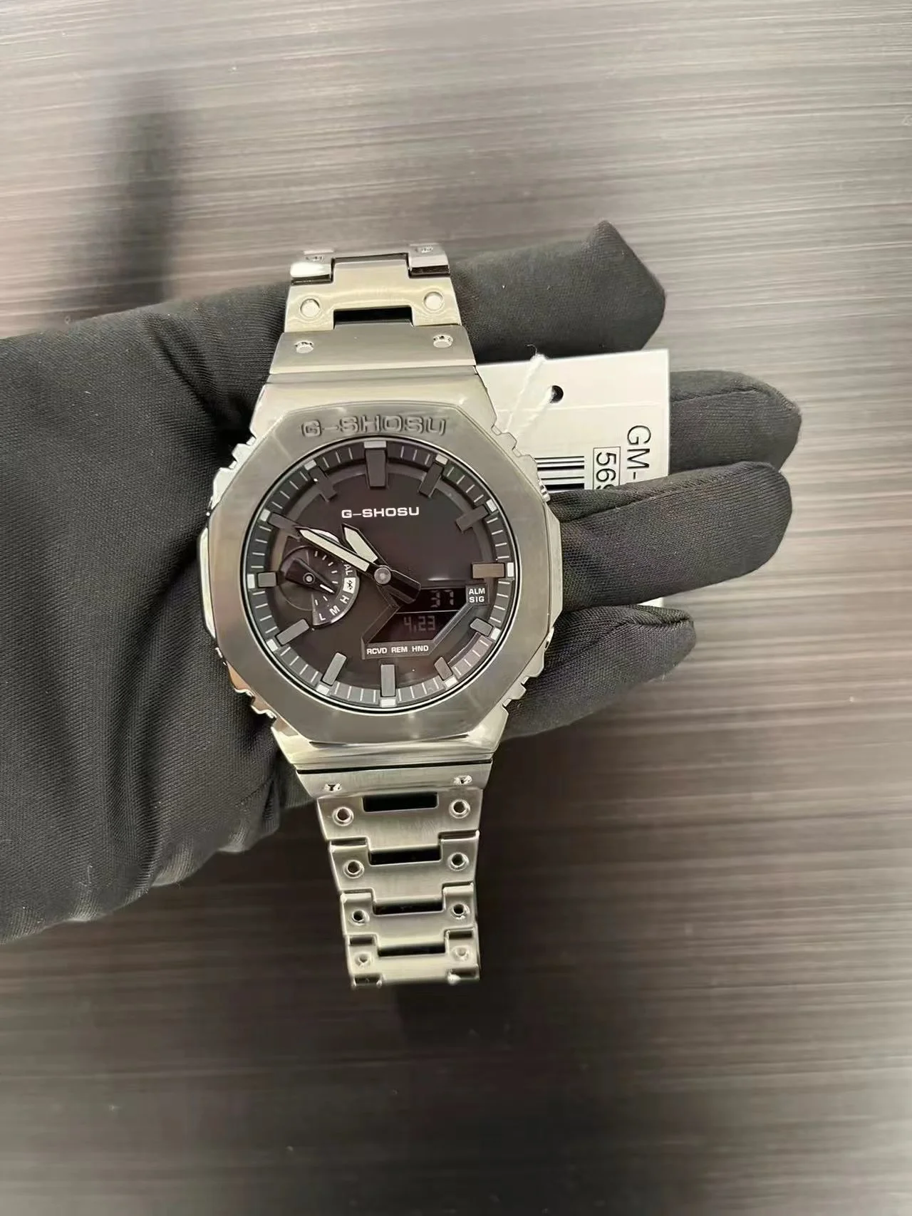 ساعة رقمية رياضية إلكترونية للجنسين، وظيفة كاملة، سبائك LED، قرص كبير، حزام فولاذي للتوقيت العالمي، سلسلة GMB Oak