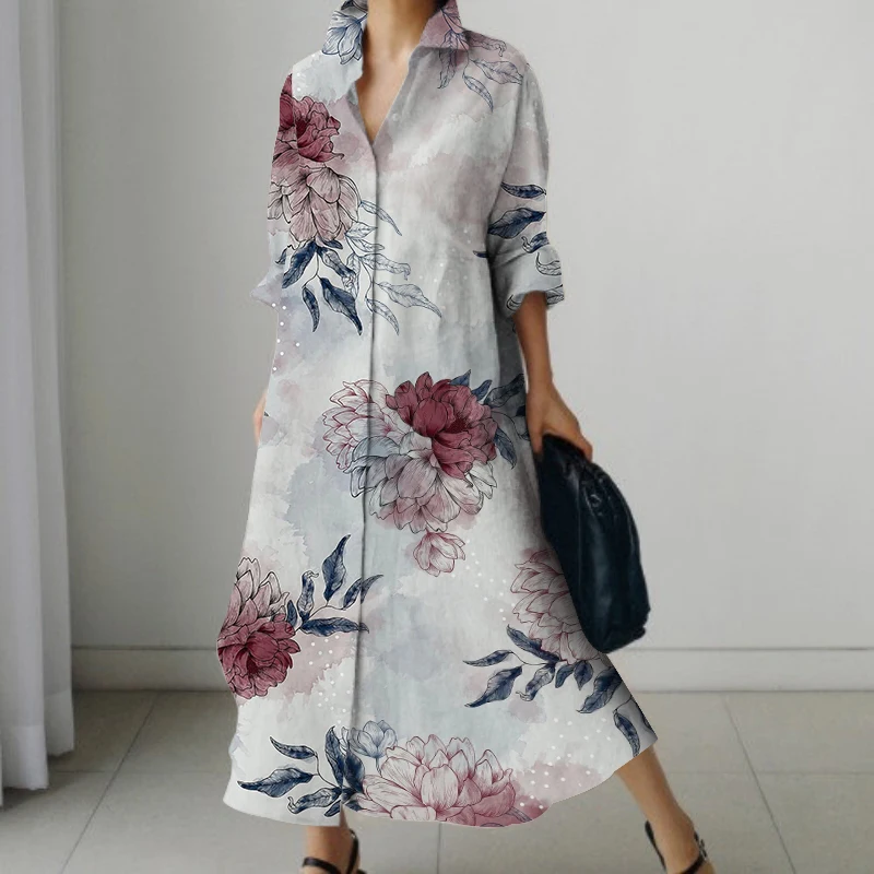 Casual Long Oversized Loose Long Sleeve Shirt Dresses Women's Elegant Repeatable V Neck Holiday Dresses 2023 Autumn