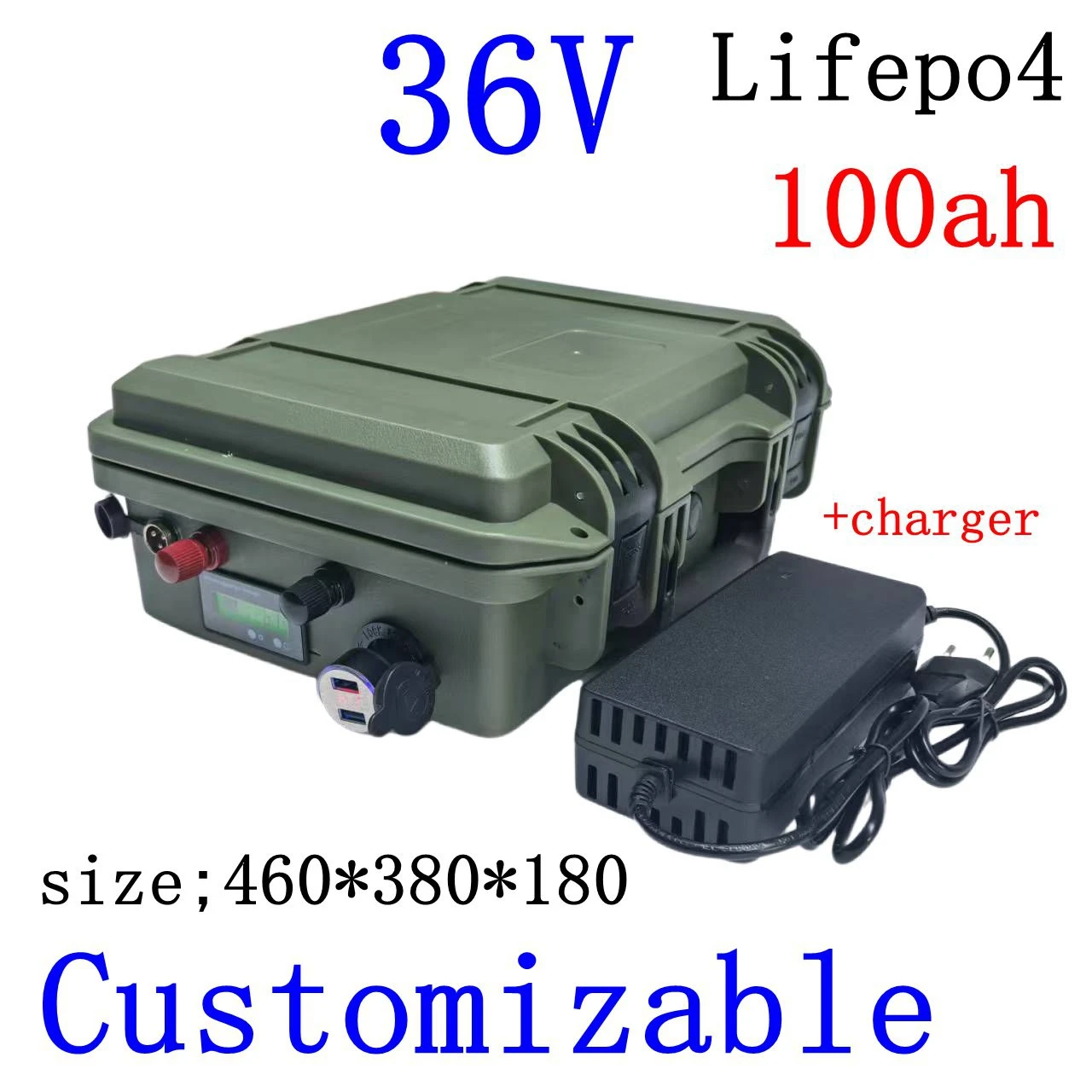 LH-waterproof 36V 100AH Lifepo4 lithium battery deep cycle BMS wheel trolley case for 4300W 3500w scooter bike boat +10A Charger