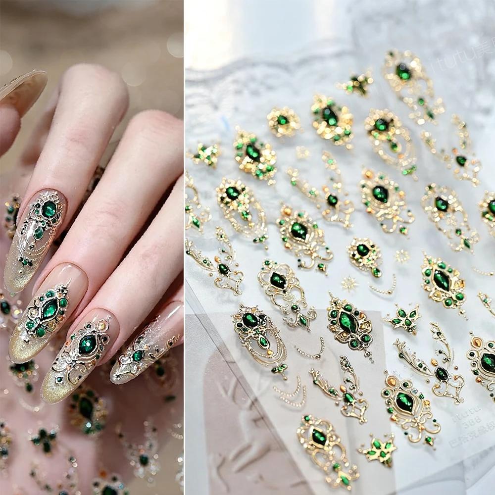 5D Green Gem Luxury Nail Art Sticker Bronzing Baroque Necklace Frame Nail Slider Self-adhesive Courtly Retro Nail Stickers Decor