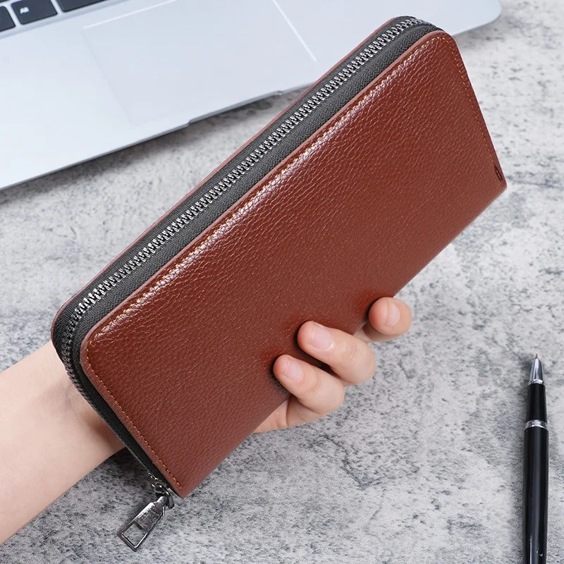 Long men's zipper wallet Large capacity leather wallet holding bag mobile phone bag Leisure business multi-card bag wholesale