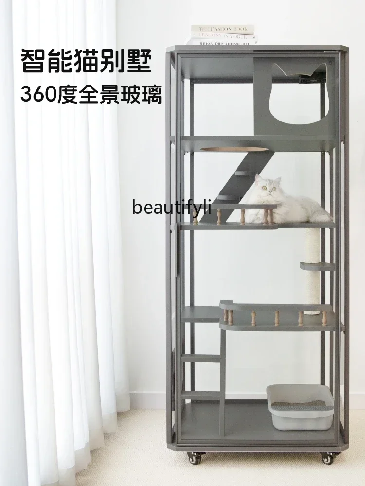 LXGray Panoramic Glass Cat Villa Solid Wood Cat House See through Breathable Luxury Cat CageSSS