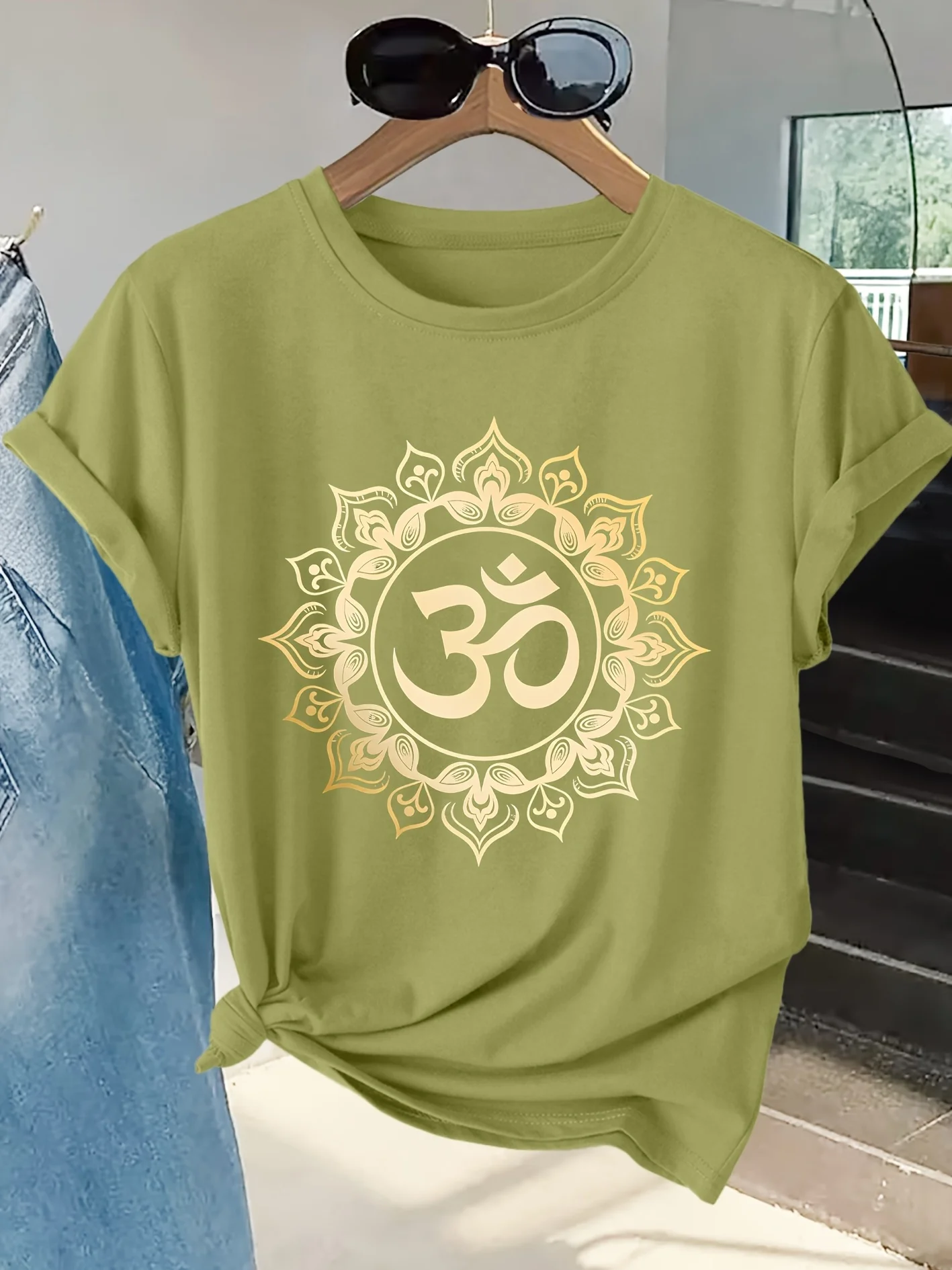 Women's Short Sleeved T-shirt with Gold Mandala OM Totem Print Round Neck Skin Friendly Soft  Summer Zen Leisure Daily Life