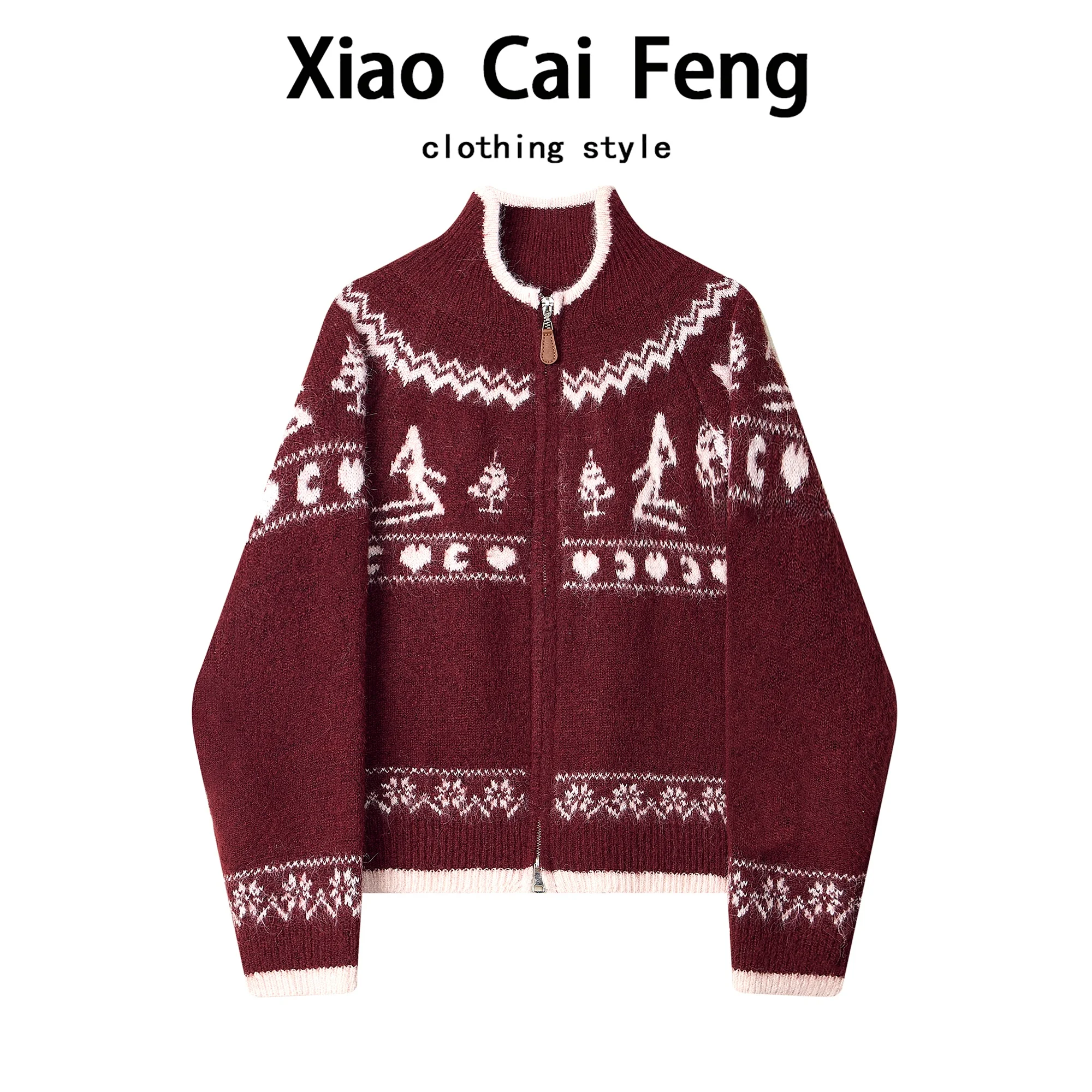 

Thiened Knitted Cardigan Women's Loose Fit Autumn Winter ort Outerwear Double Zipper Open Front Warm Geometric Pattern