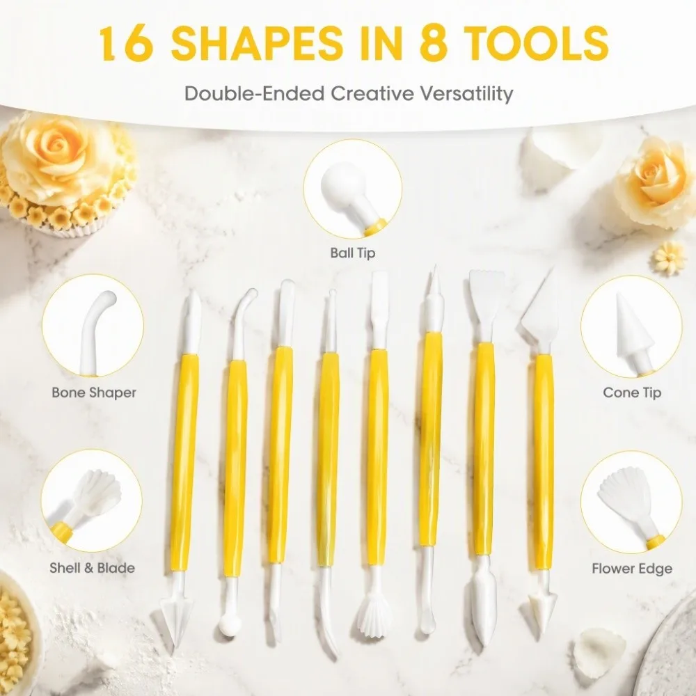 PP Cake Fondant Tool Set 8Pcs Double Ended Cake Decorating Tools Kit Engraving Modeling Rose Red Fondant Modeling Tools