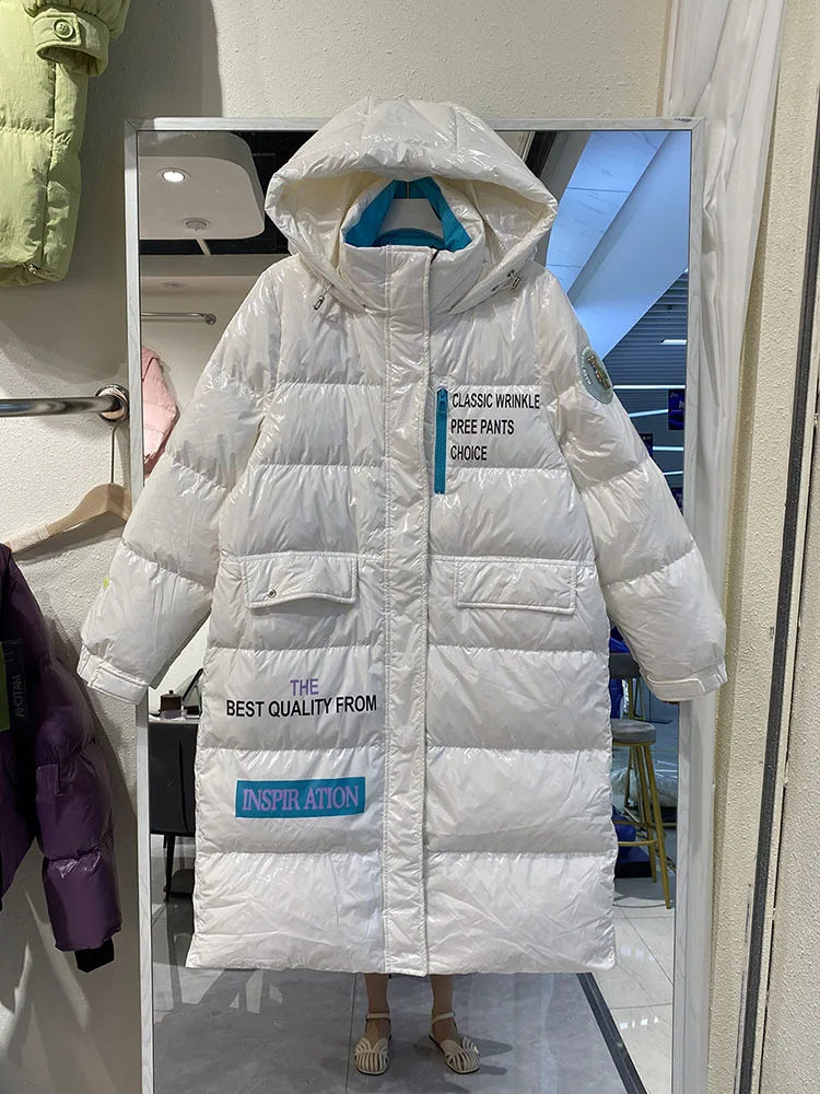 Abrigo de plumón de pato blanco para mujer, parka gruesa y holgada, chaqueta cálida con capucha, x-long, brillante, impermeable, invierno, 90%