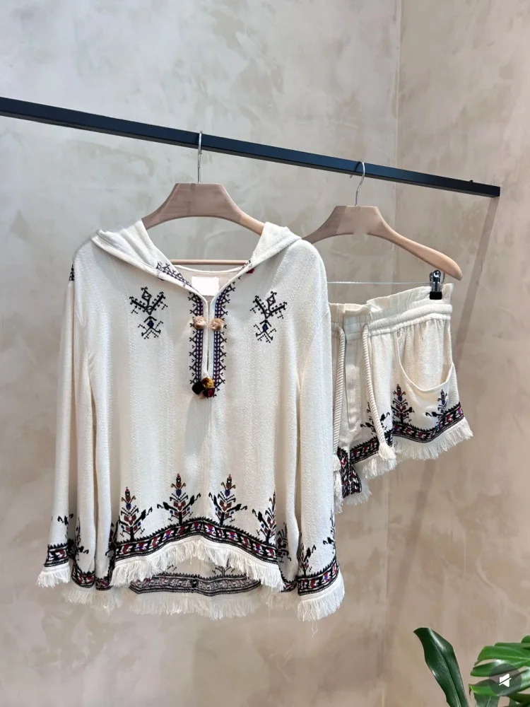 

Summer Vacation Style Floral Lace Print Hooded Shirt Shorts Set Women's Fashion Cotton Two-Piece Suit Long Sleeve Overhead