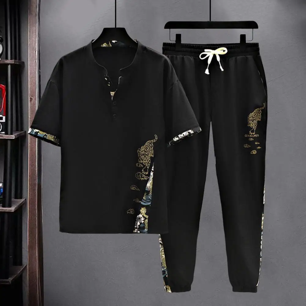 Casual Summer Suit Men's Tiger Print Casual Suit with Stand Collar T-shirt Elastic Waist Drawstring Pants Set for Summer Outfit