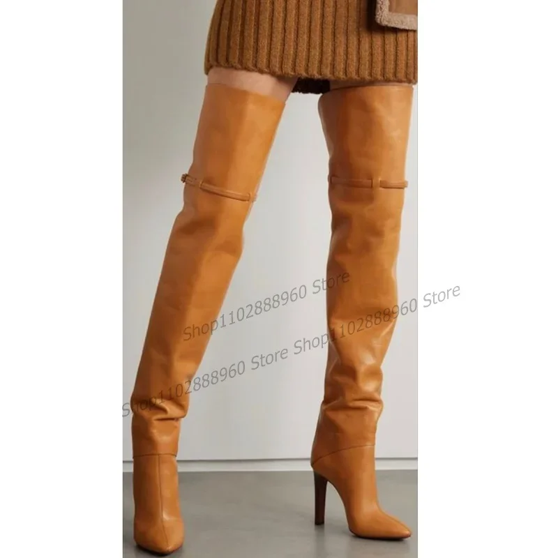 فوق الركبة براون ماتي حزام جلد مشبك ديكور الأحذية الخناجر عالية الكعب أحذية النساء أشار تو 2023 Zapatos Para Mujere